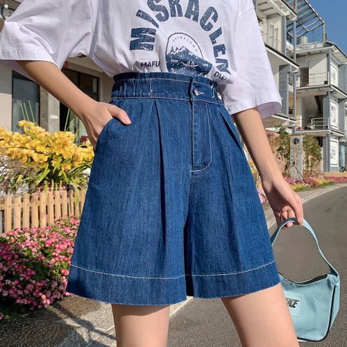 Real shot of denim shorts, women's trendy ins summer new style, versatile, loose, high-waisted, slim, straight, wide-leg, five-point pants