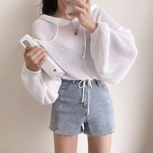 Real price Korean hooded drawstring loose pullover ice silk sunscreen short knitted blouse for women