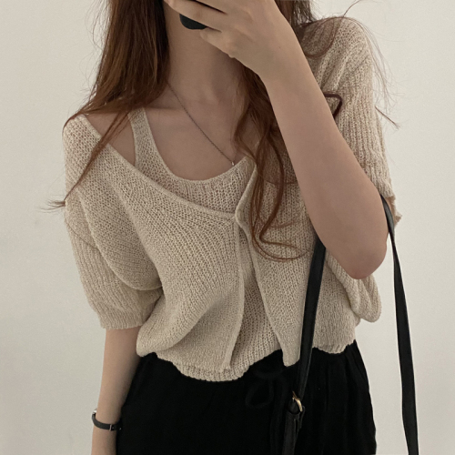 Real price Korean chic versatile camisole layered short-sleeved cardigan knitted two-piece set for women