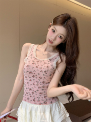 實拍 夏季韓版bm純欲蕾絲拼接碎花設計感外穿針織背心上衣