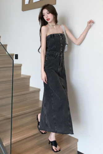 Real shot of 2024 new pure desire retro tube top denim dress temperament slim slit high waist denim skirt