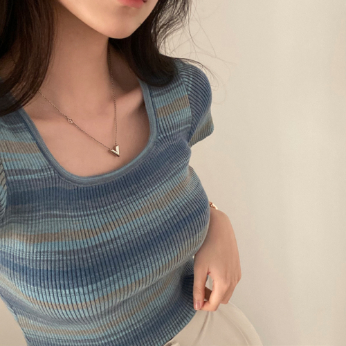 Real price Korean chic versatile gradient color square neck short-sleeved knitted top for women