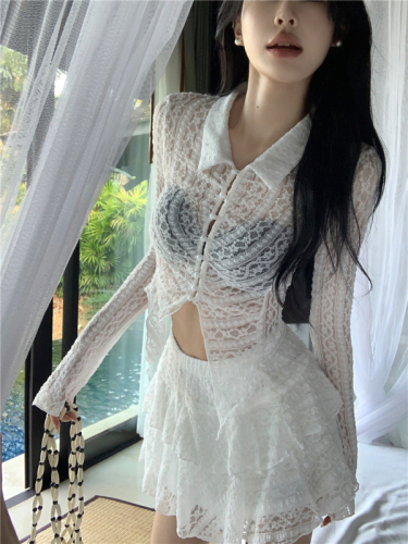实拍 韩系chic氛围感套装纯欲蕾丝衬衫百褶蛋糕裙两件套
