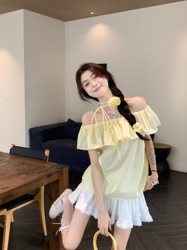 Actual shot of summer freshness~Korean chic one-shoulder casual candy-colored shirt with bow tie and flowers