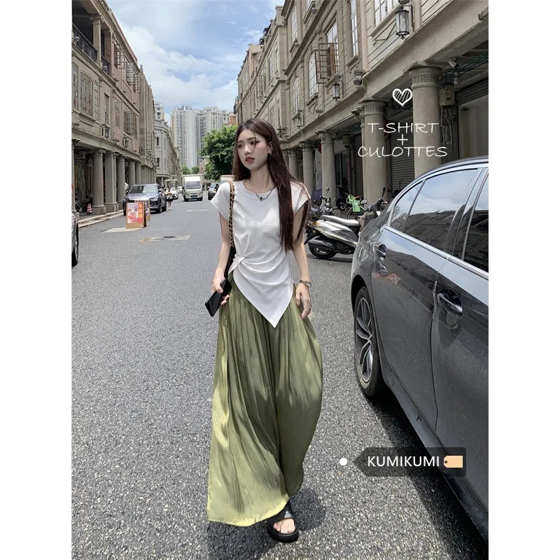 Women's Fashion Set Unstructured Design Short-Sleeve T-Shirt 2024 Summer High-Waisted Wide-Leg Pants Skirt Two-Piece Set