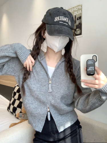 Korean style double zipper hooded cardigan sweater lazy style casual sweater jacket