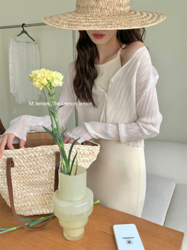 LEMON Korean style all-match white micro-transparent ice silk thin sun protection knitted cardigan women's commuter long-sleeved sun protection shirt