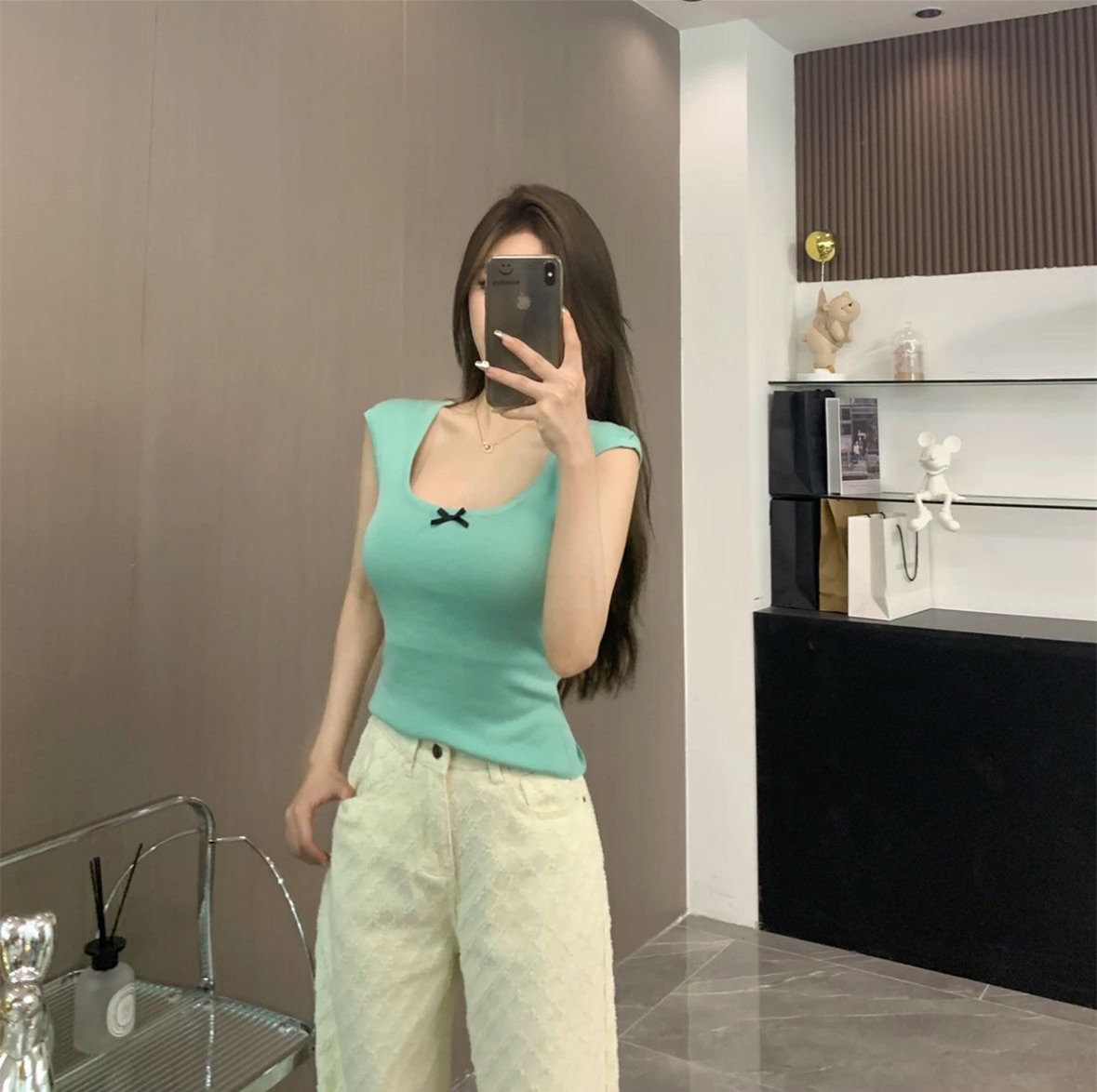 夏季純欲辣妹蝴蝶結方領坎肩無袖背心女甜美修身顯瘦氣質t
