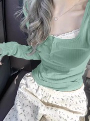 Shipped Out Fake Two Pieces Lace Spliced Straight Shoulder T-Shirt Women Slim Long Sleeve Underwear Pure Desire Short Top 