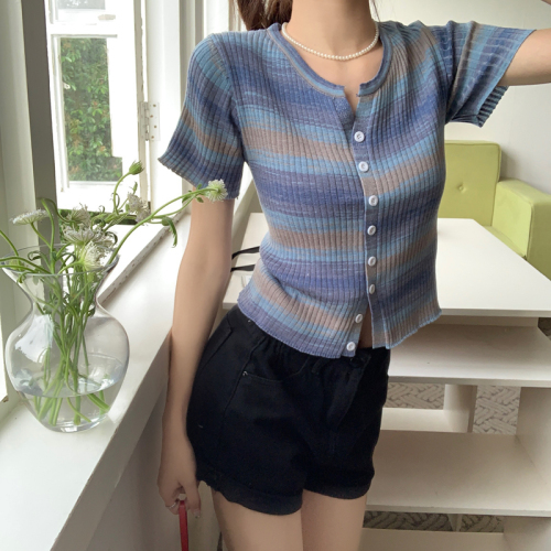 Real shot and real price gradient striped thin knitted cardigan versatile short-sleeved T-shirt top for women