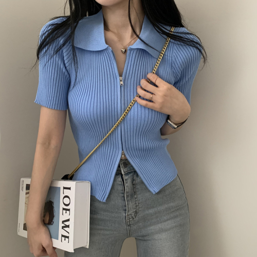 Real price Korean chic double zipper lapel slimming short-sleeved knitted top for women