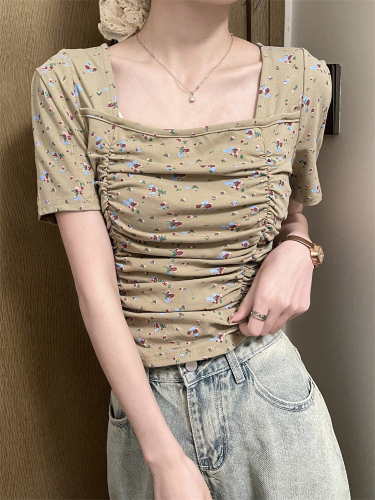 实拍夏季冰丝针织衫女韩版甜美新款修身方领短袖上衣