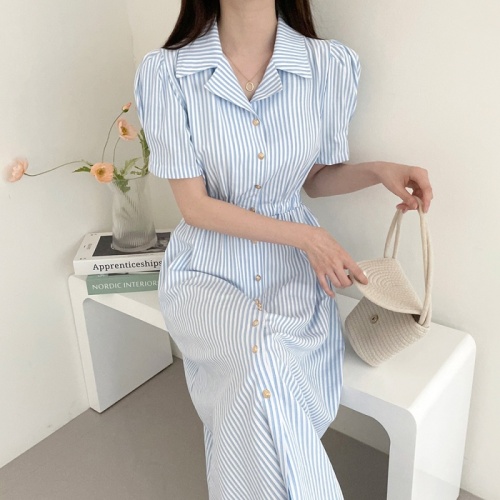 Korean French style single-breasted lapel striped short-sleeved elastic waist puff-sleeved shirt dress