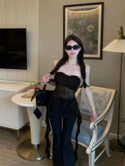 實拍 性感辣妹蕾絲抹胸上衣女小眾內外穿搭飄帶收腰無袖上衣