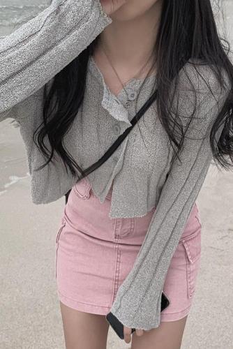 Korean chic design irregular button knitted cardigan long-sleeved thin coat for women
