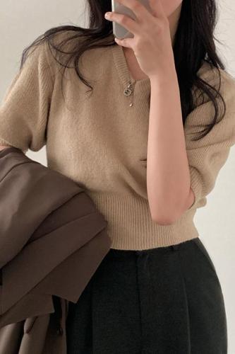 Korean chic solid color versatile V-neck short-sleeved sweater knitted top for women 7 colors