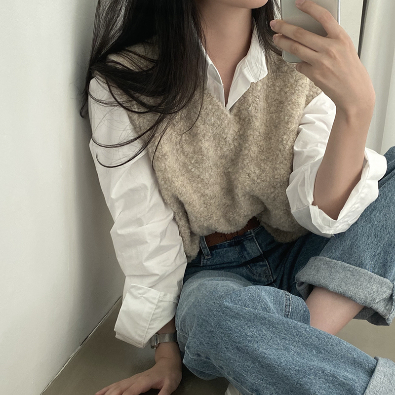 Korean chic furry sleeveless sweater vest heavy industry retro loose knitted vest for women