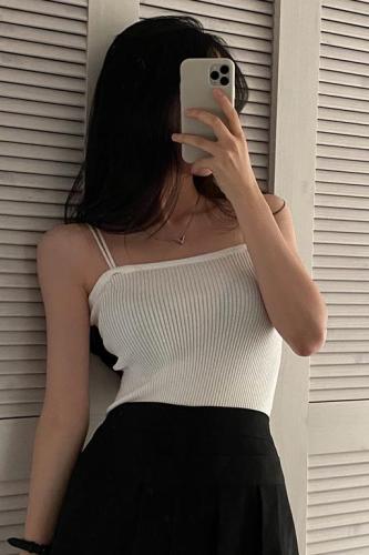 Real price Korean versatile solid color double strap knitted vest top for women