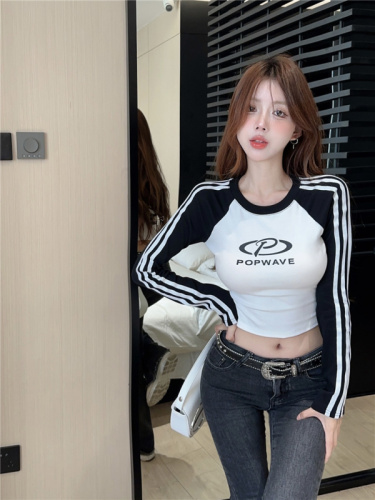 ~American retro basic model slim elastic contrast raglan all-match tight long-sleeved bottoming shirt T-shirt