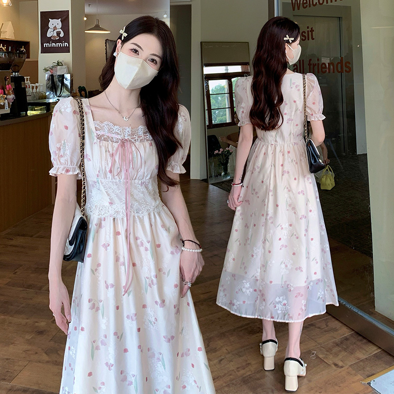 實拍法式方領碎花仙女長裙子大碼女裝收腰顯瘦甜美印花系帶連衣裙