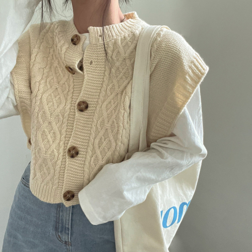 Korean chic autumn retro twist sleeveless waistcoat design button sweater vest for women