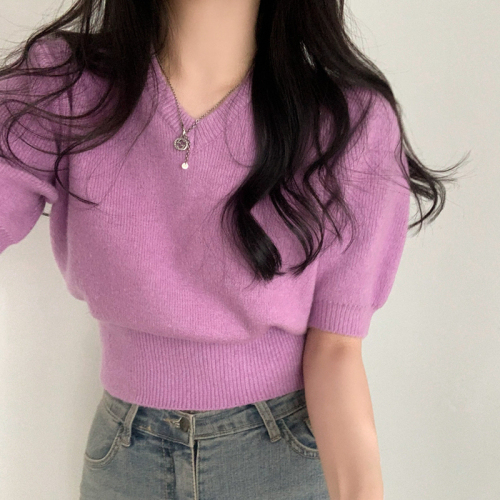 Korean chic solid color versatile V-neck short-sleeved sweater knitted top for women 7 colors