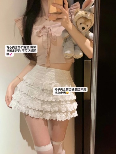 Actual shot and real price. Short slim-fitting fly sleeve suspender sweet and spicy top + cake skirt lace skirt A-line pleated