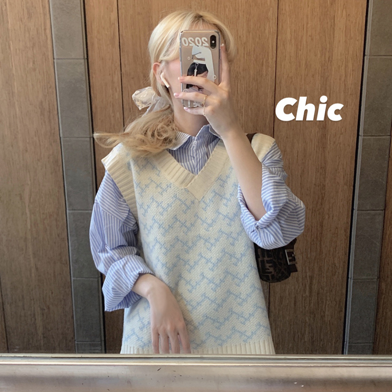 Actual shot and real price Spring Korean style layered knitted vest jacquard sweater fashionable waistcoat vest for women