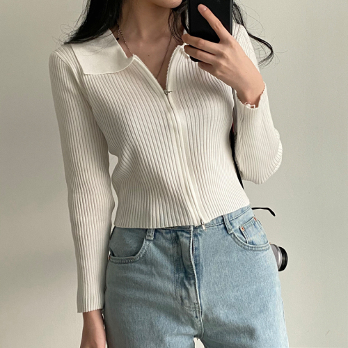 Korean chic double zipper short knitted cardigan slim slim long-sleeved small coat for women