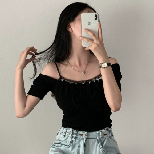 Real price Korean original versatile square neck lace-up two-wear thin knitted short-sleeved top for women