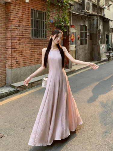 实拍 韩版修身拼接设计感收腰长款气质显瘦吊带连衣裙