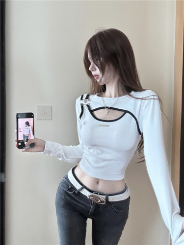 ~American hot girl sexy hollow long-sleeved T-shirt for women with design niche color matching fake two-piece top for women