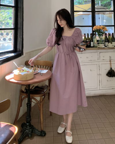 Actual shot~Super loose and lazy style cotton one-shoulder puff-sleeve long dress