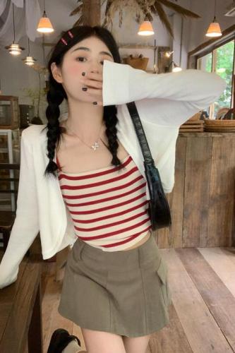 Real shot and real price striped knitted camisole + solid color versatile ice silk knitted cardigan for women