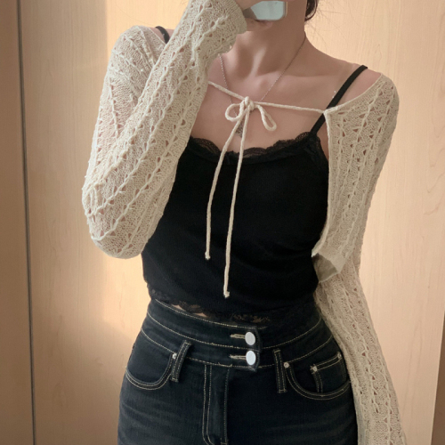 Real price Korean hollow design lace-up long-sleeved thin knitted long-sleeved cardigan blouse for women