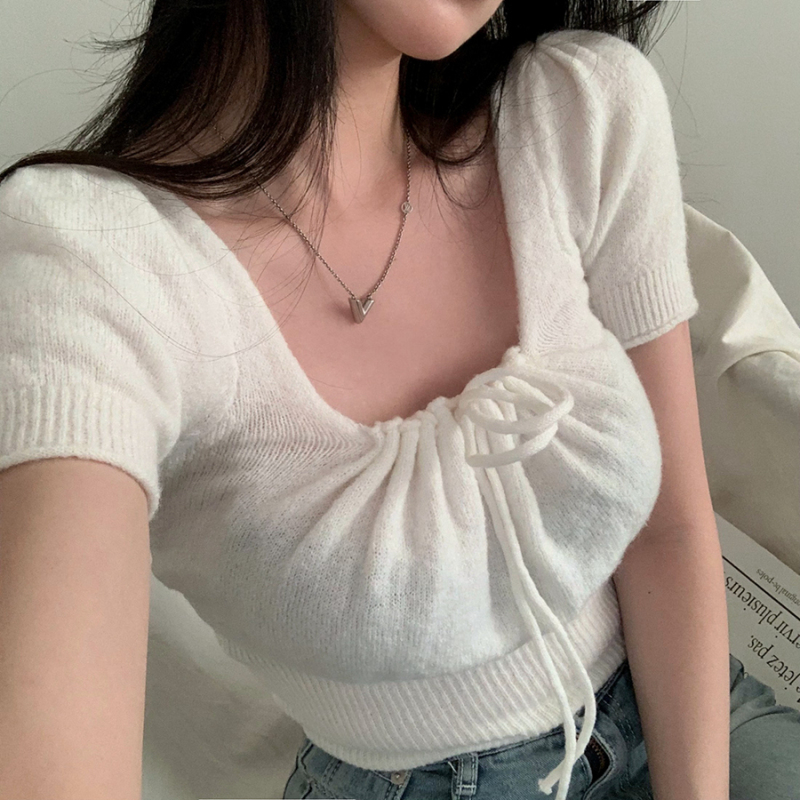 Real price Korean original versatile square neck lace-up two-wear thin knitted short-sleeved top for women