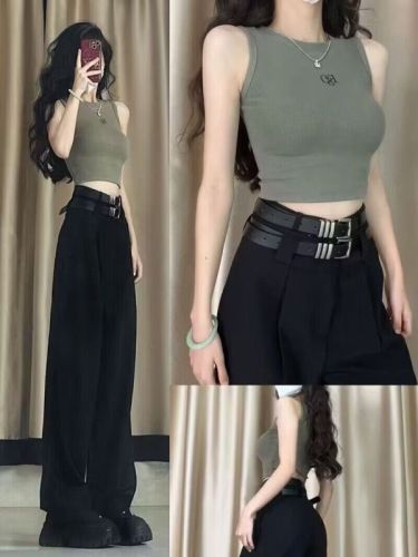 Summer clothes are paired with a set of slim hot girls' pure lust chic tops, sweet and spicy street fashion Hong Kong style two-piece suit pants