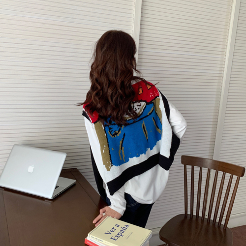 Korean chic fashion graffiti jacquard shawl two-wear sleeve sweater soft waxy vest top for women