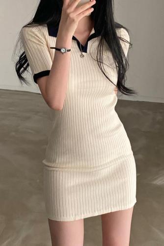 Real price Korean hot girl polo collar short-sleeved slim knitted dress hip-covering short skirt for women