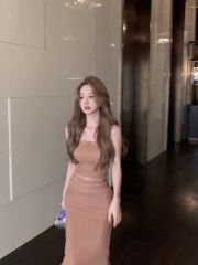 實拍 溫柔氣質大姐姐 特調豆沙色 蕾絲網紗裹胸上衣+包臀半裙女