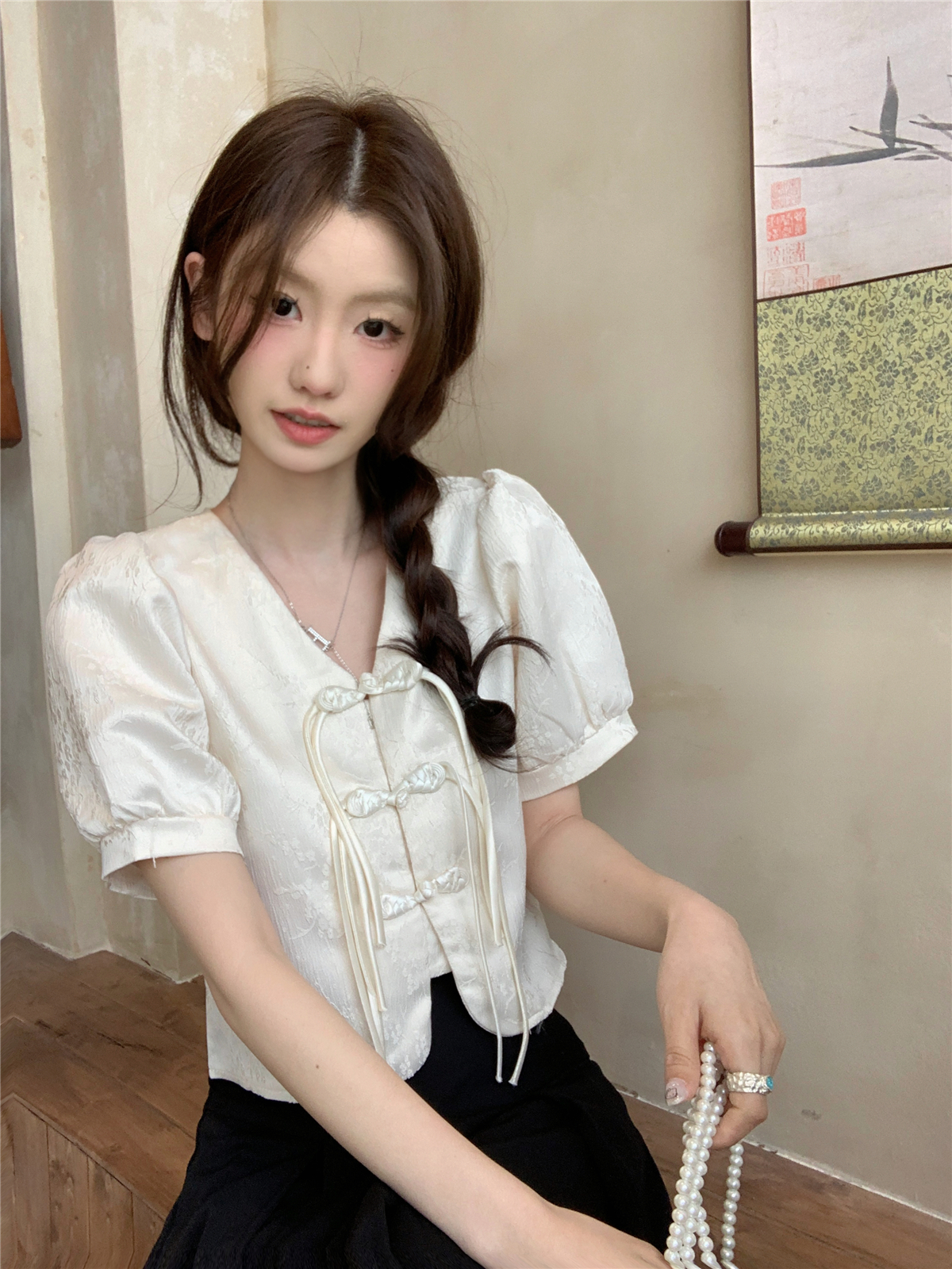 實拍 中式復古盤扣短袖襯衫女夏季設計感小眾小個子短款上衣