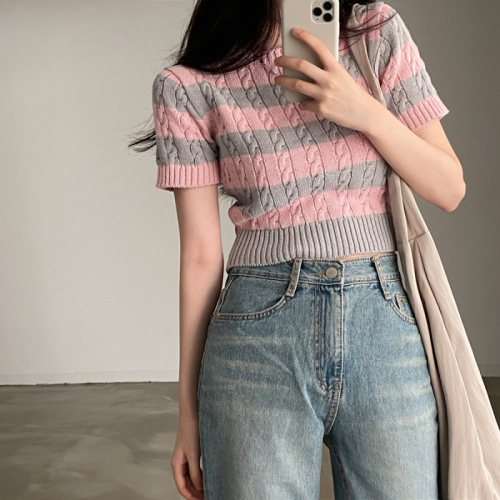 Real price Korean chic retro twist thin knitted contrast striped short-sleeved top for women