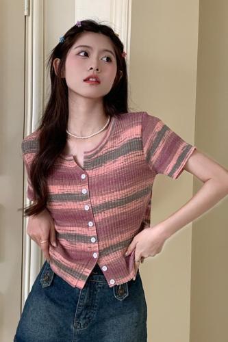 Real shot and real price gradient striped thin knitted cardigan versatile short-sleeved T-shirt top for women