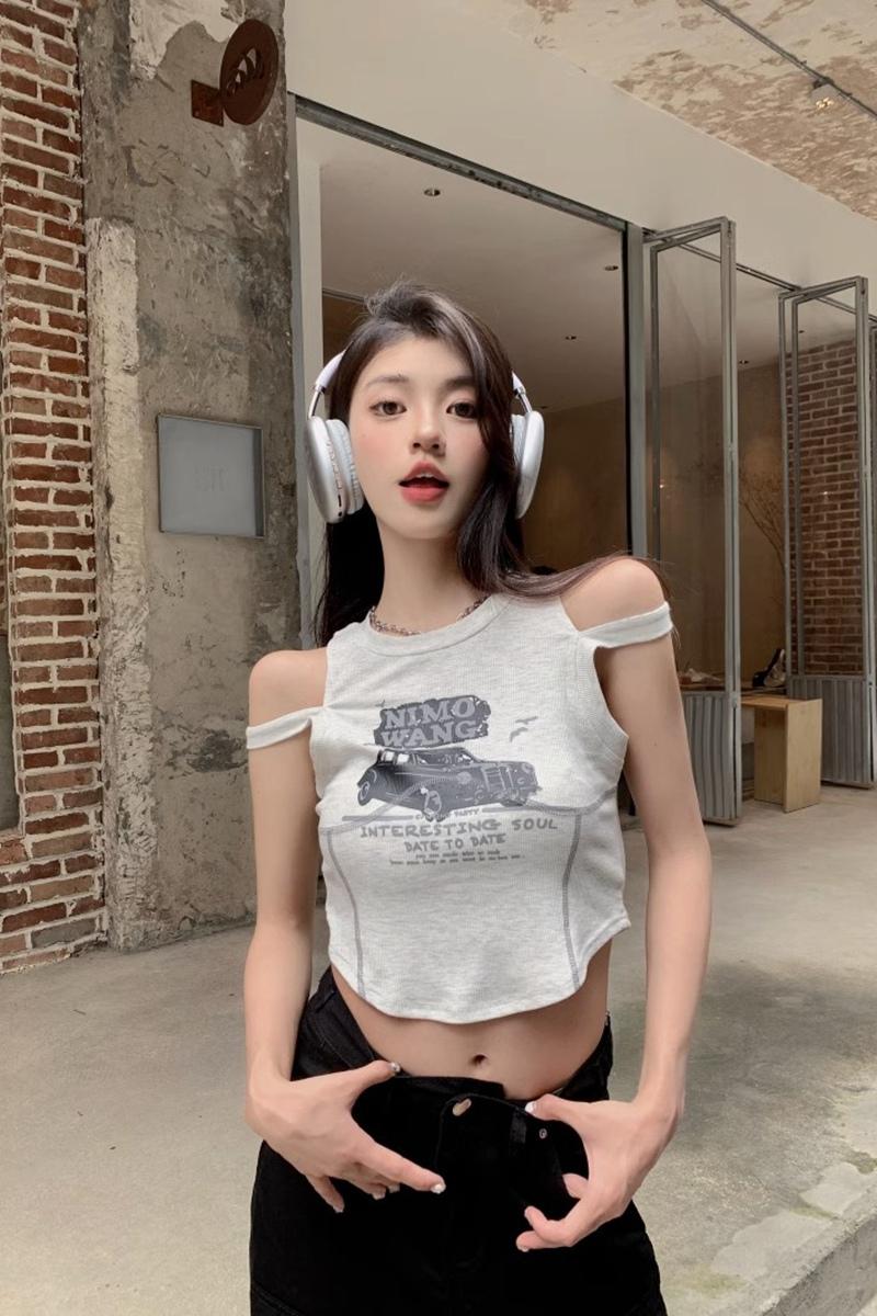 美式復古甜辣妹修身短款露臍背心女夏季小眾外穿字母印花打底上衣