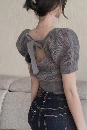 Actual price in stock Korean chic design square neck back strap short-sleeved knitted top for women