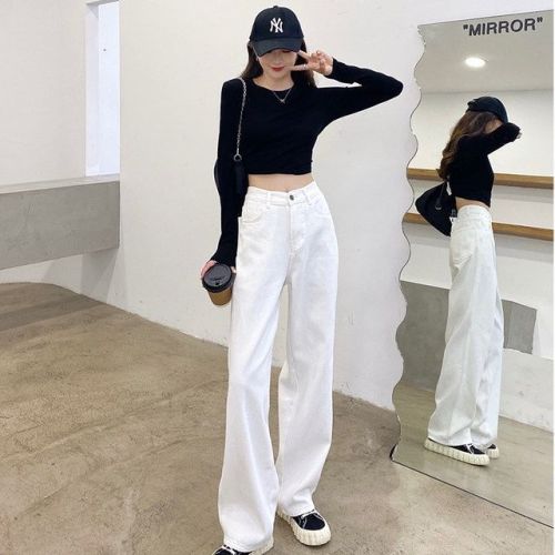 High-waisted jeans for women in spring and autumn  new trendy straight-leg loose slim slimming wide-legged women's pants summer