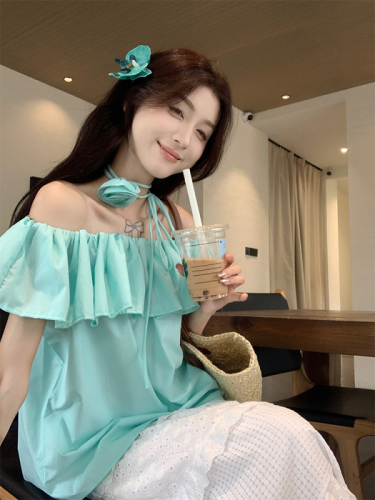 Actual shot of summer freshness~Korean chic one-shoulder casual candy-colored shirt with bow tie and flowers