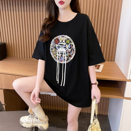 Actual shot of pure cotton 200 grams, back collar, mid-length Chinese style embroidered short-sleeved T-shirt for women, loose summer top