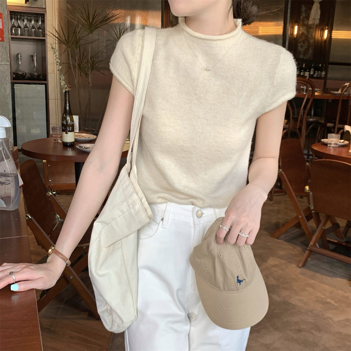 實拍 夏季韓版氣質卷邊半高領高級設計感百搭針織短袖上衣女