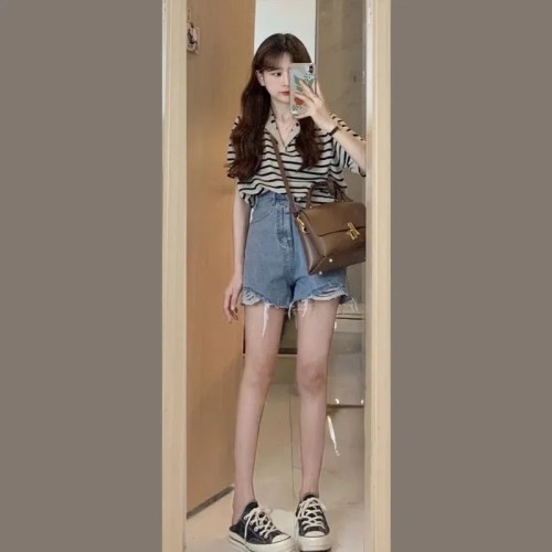 短裤套装夏季女2024年新款韩系小个子条纹拼色上衣牛仔短裤两件套